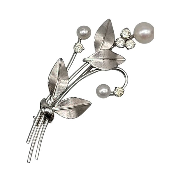 Krementz Pearl Rhinestone 14kgf Brooch White Gold Filled Vintage Floral Pin - Picture 1 of 6